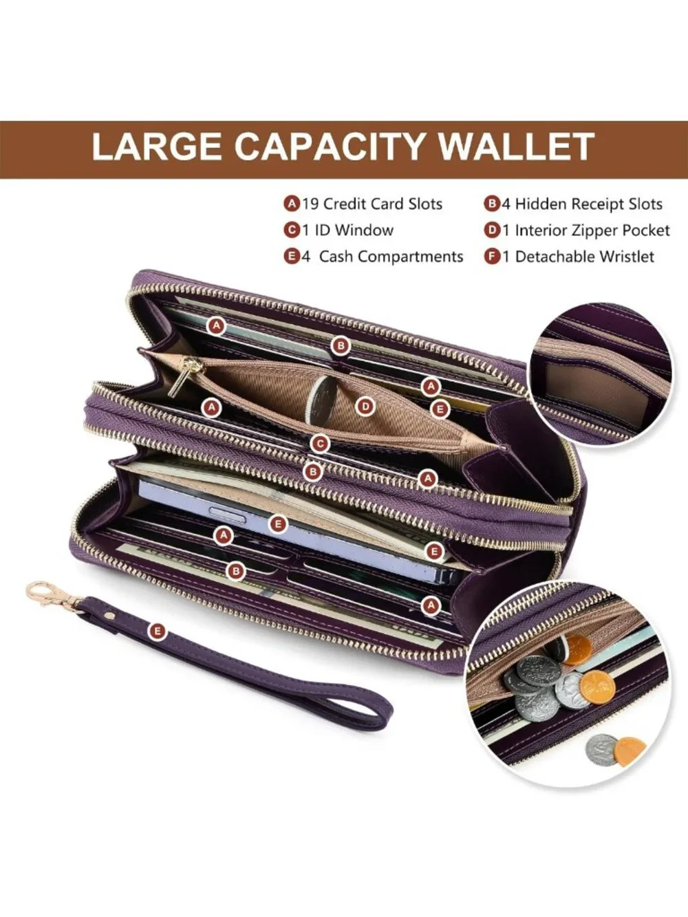 Vegan Leather RFID Blocking Large Capacity Wristlet Wallet & Card Holder for